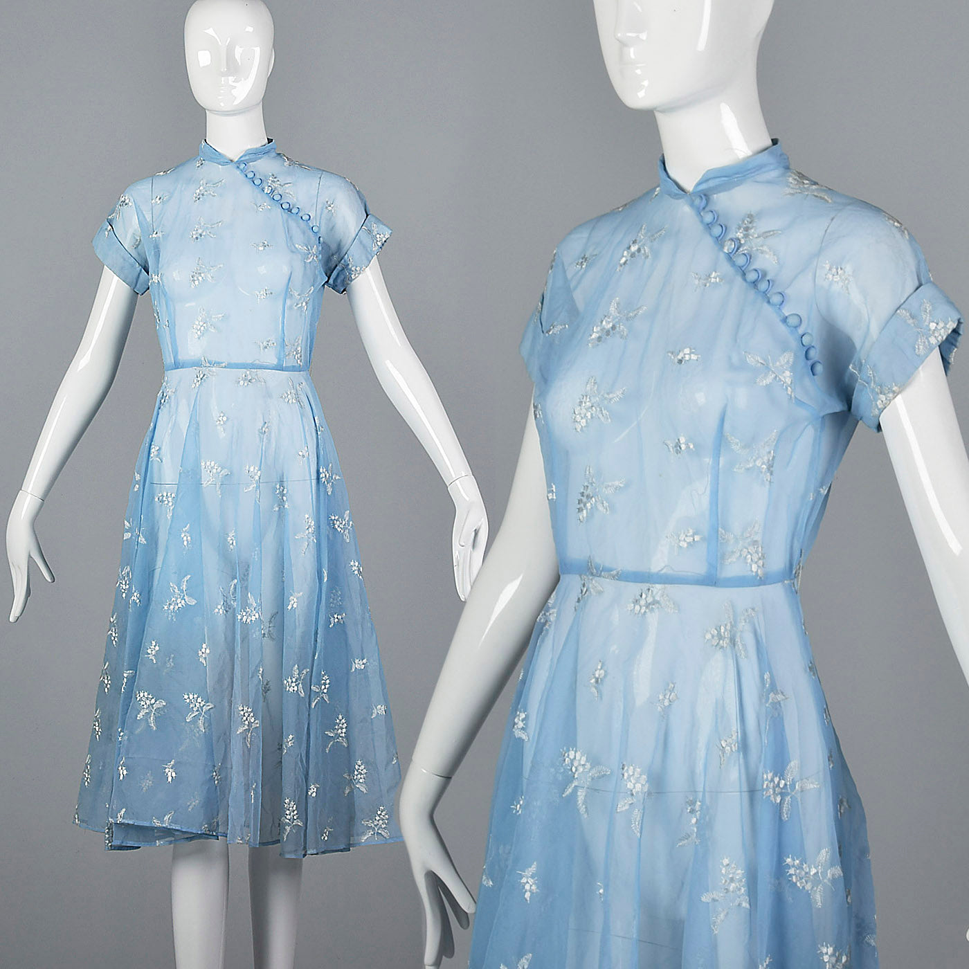 1950s Sheer Blue Fit and Flare Dress
