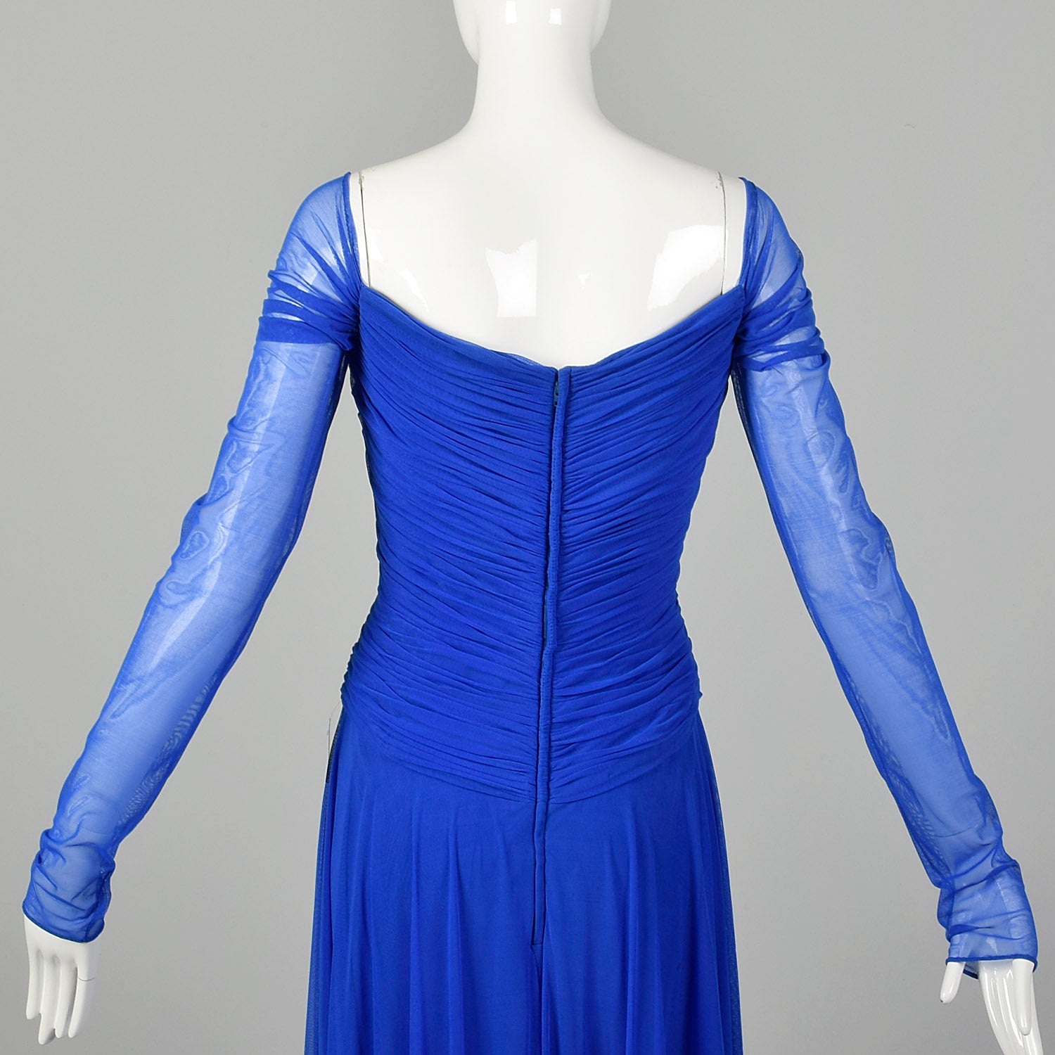 Large 1980s Dress Vicky Tiel Blue Mesh Gown Long Sheer Sleeves Ruched Bodice Sweetheart Neckline