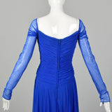 Large 1980s Dress Vicky Tiel Blue Mesh Gown Long Sheer Sleeves Ruched Bodice Sweetheart Neckline