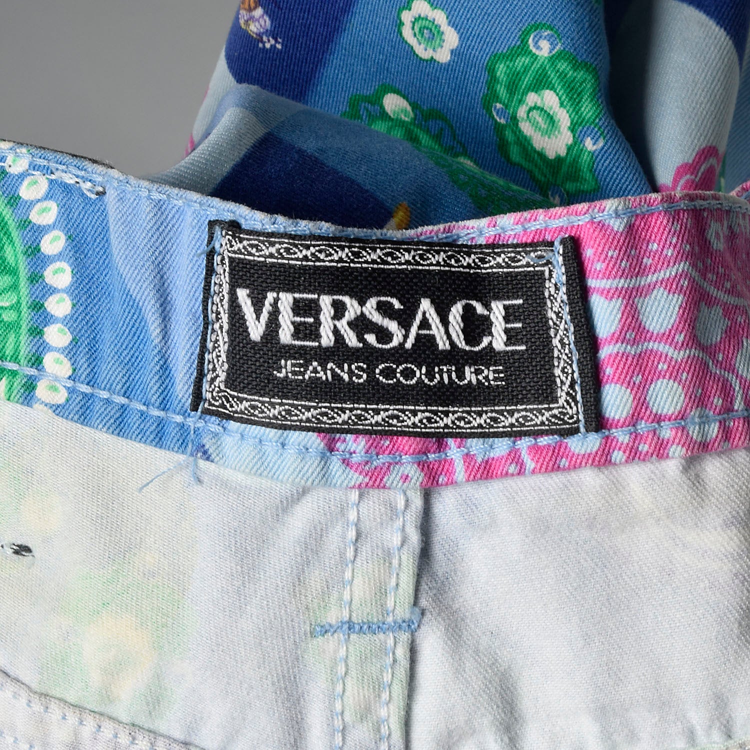 Small 1990s Versace Pants Couture Designer Purple Elephant Print Skinny Jeans Vintage