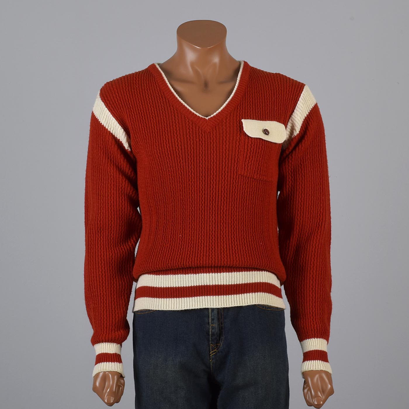 1960s Men's MOD Bright Red Pullover Sweater with White Trim