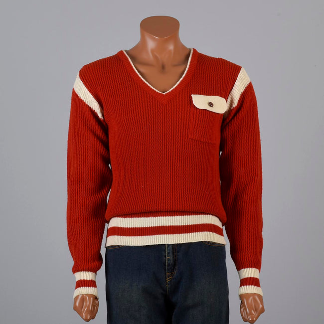 1960s Men's MOD Bright Red Pullover Sweater with White Trim