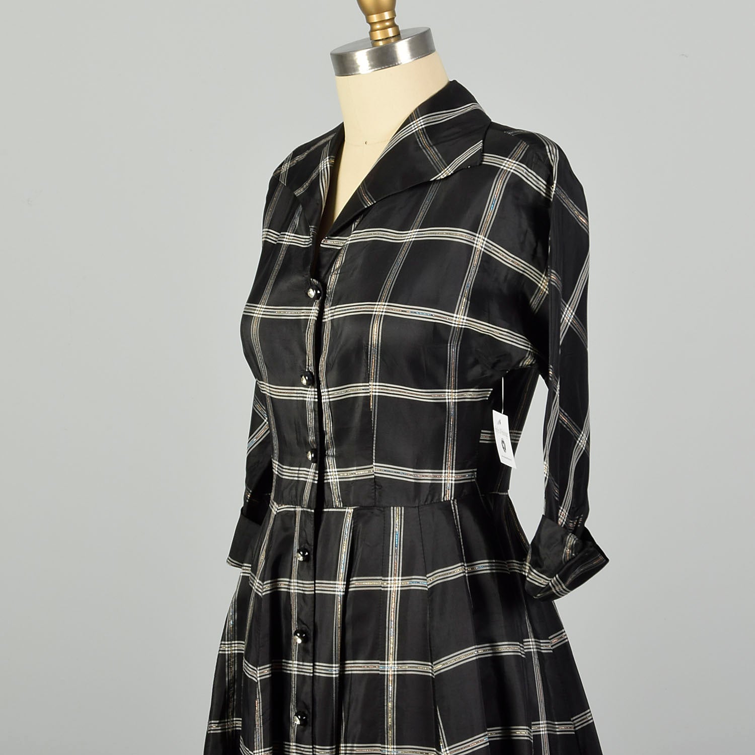 Medium 1950s Dress Black Taffeta Hourglass Plaid Cocktail Party Dress