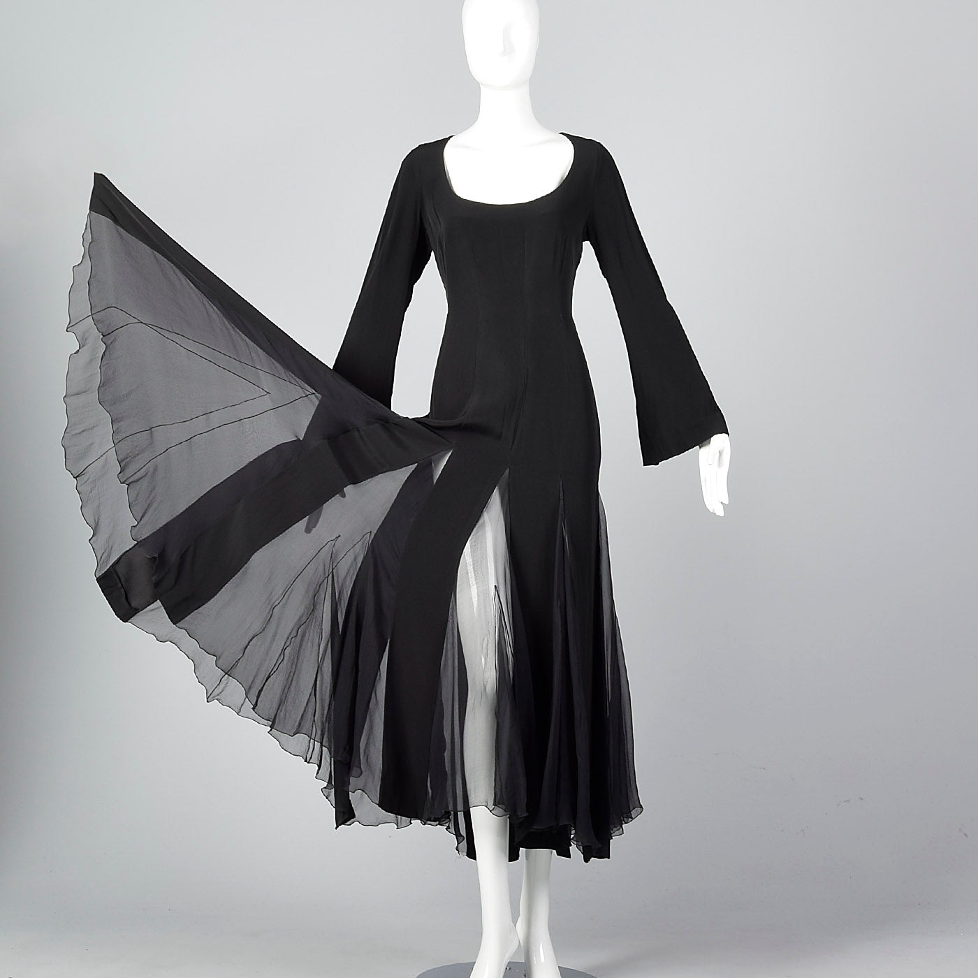 1990s Jil Sander Sexy Gothic Dress with Sheer Silk Panel Skirt