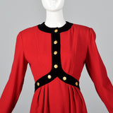 1980s Red Wool Dress with Black Velvet Trim
