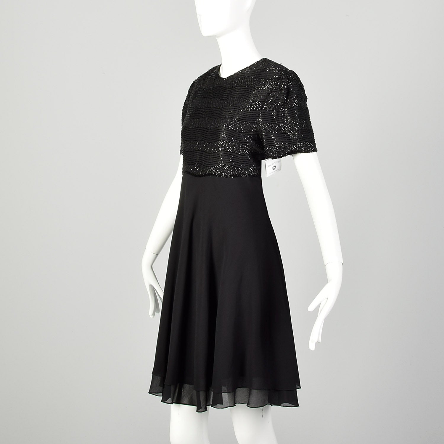 Medium 1990s Little Black Dress Beaded Short Sleeve Evening Cocktail Party LBD