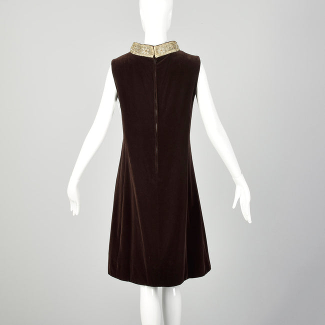 Medium 1960s Teal Traina Brown Shift Dress Sleeveless with Beading