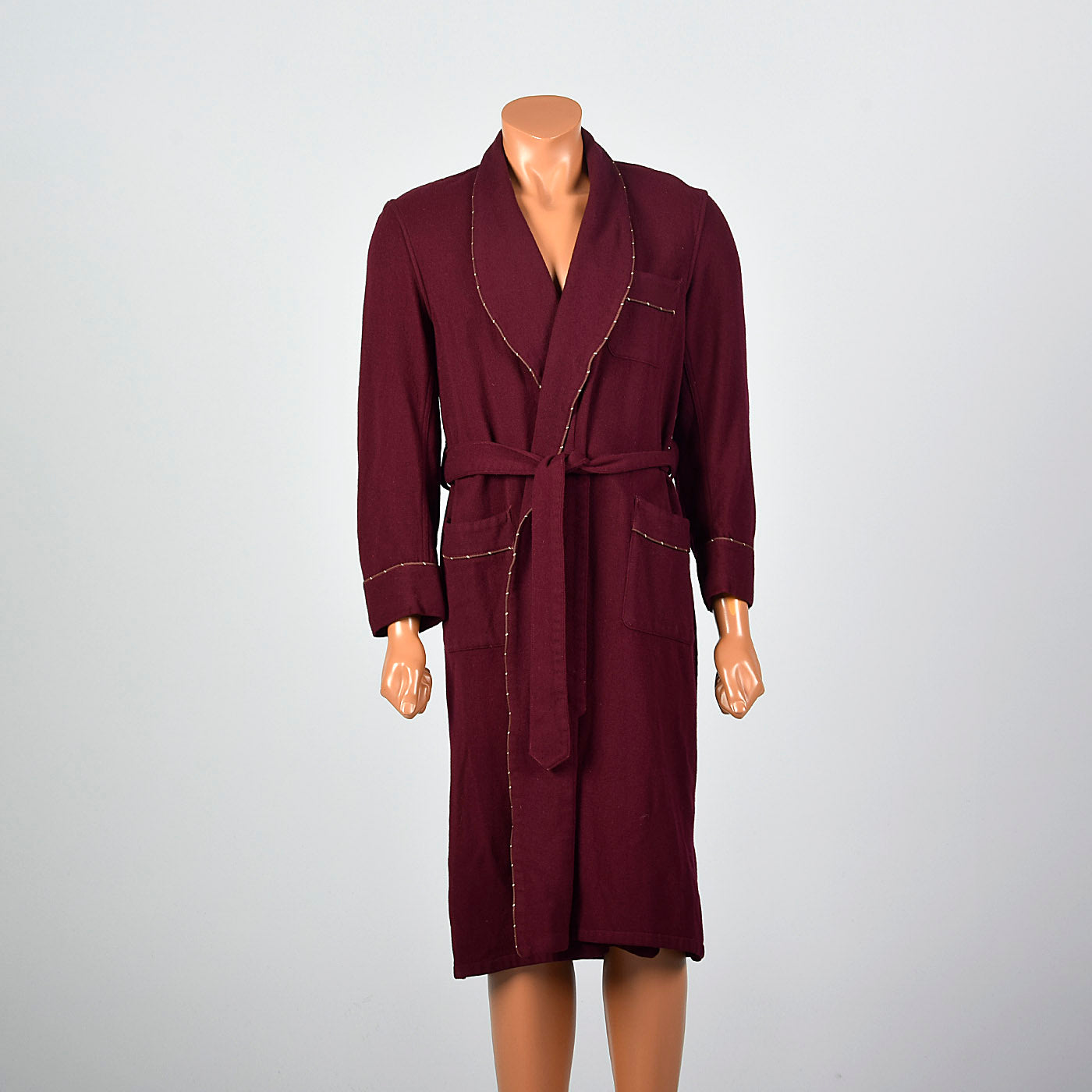 1960s Mens Burgundy Wool Robe with Shawl Collar