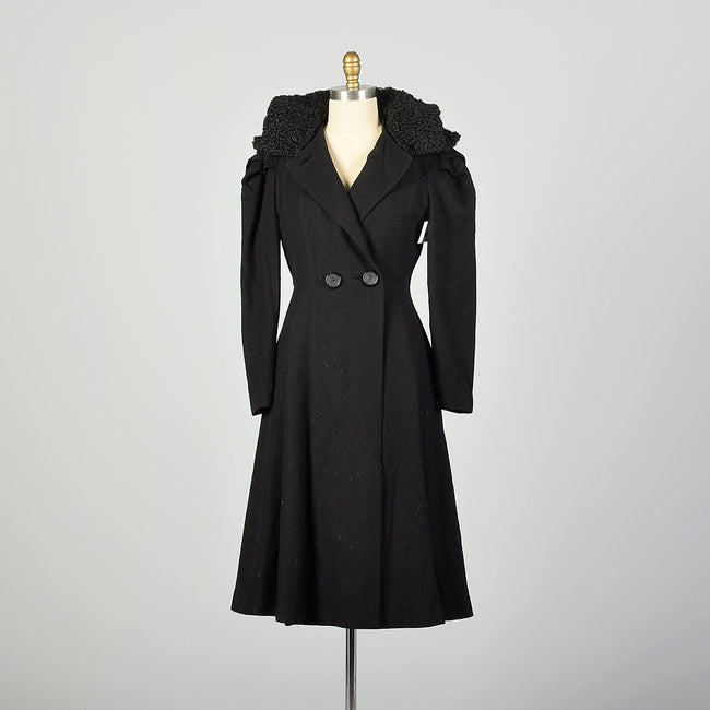 Small 1940s Princess Coat Persian Lamb Convertible Collar Black Wool