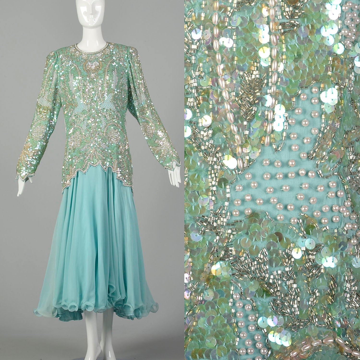 XXL Drop Waist Dress 1980s Beaded Silk Formal Long Sleeve