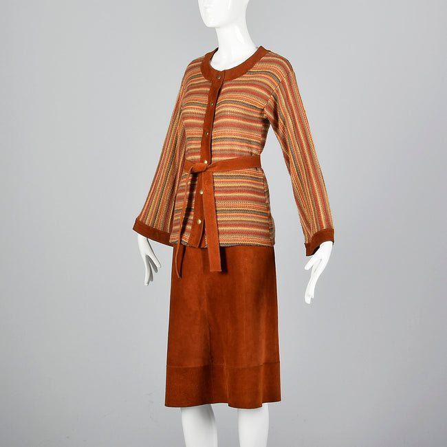 1960s Pierre Cardin Bohemian Separates Leather Skirt & Cardigan Sweater