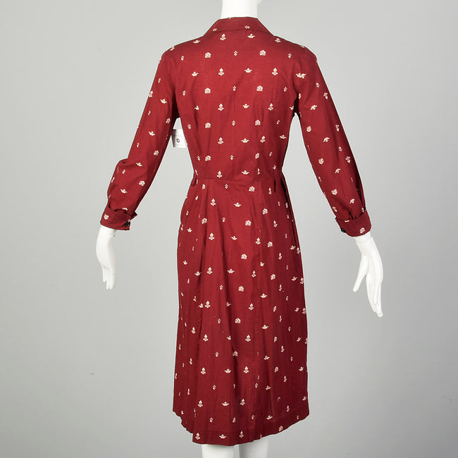 Medium 1950s Day Dress Cotton Novelty Print Casual Long Sleeve