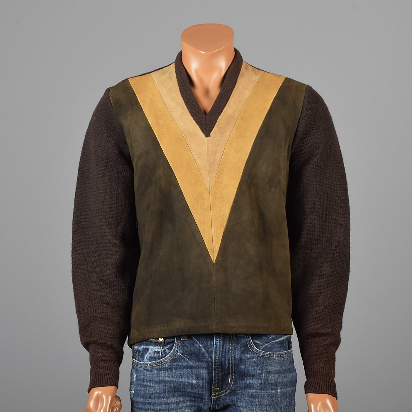 1960s Men's Suede Leather & Wool Knit Pullover Sweater