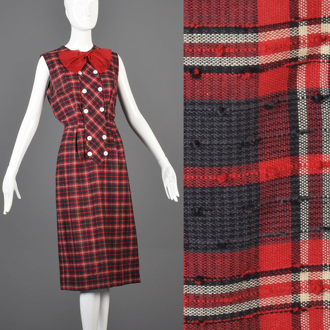1950s Red Plaid Party Dress with Red Bow