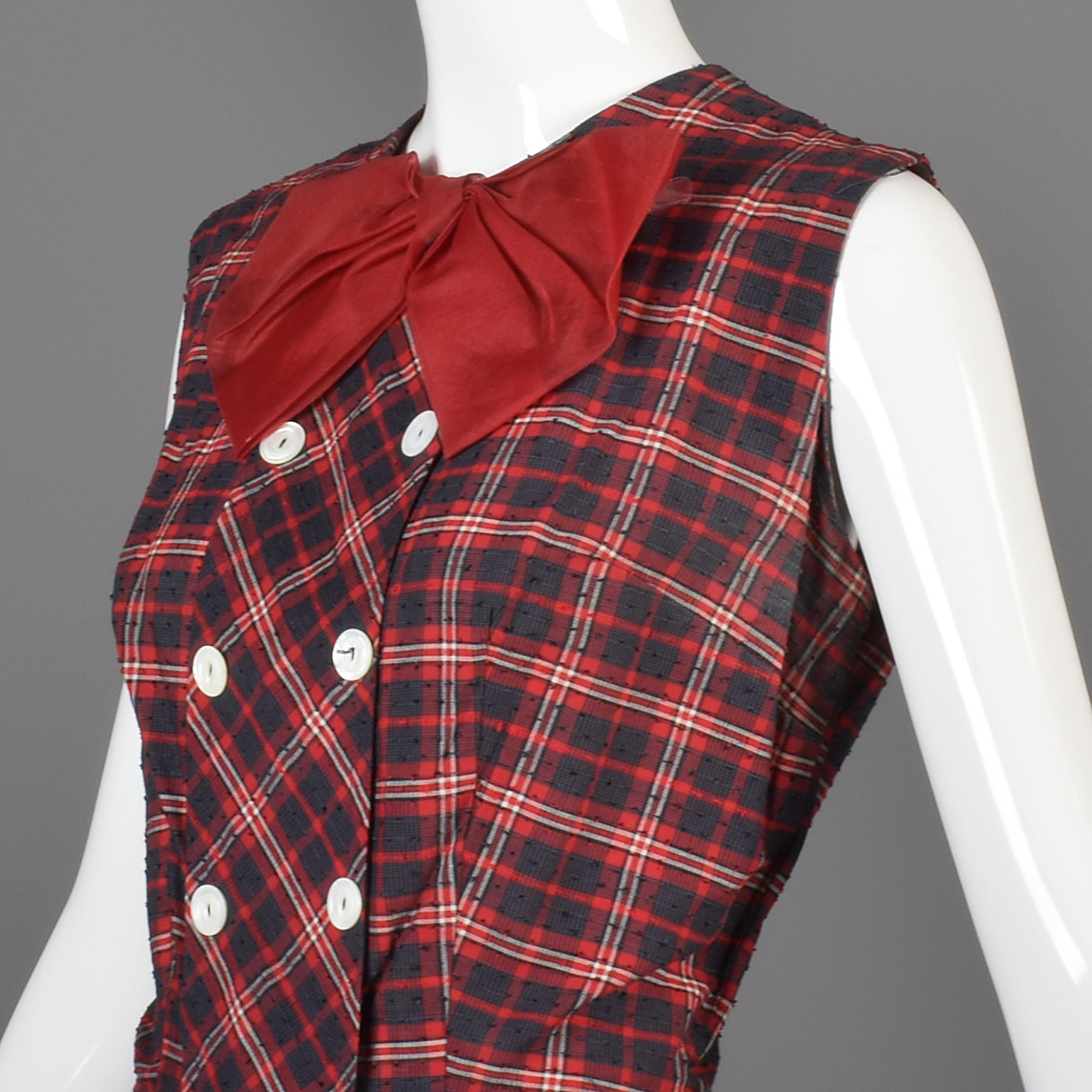 1950s Red Plaid Party Dress with Red Bow