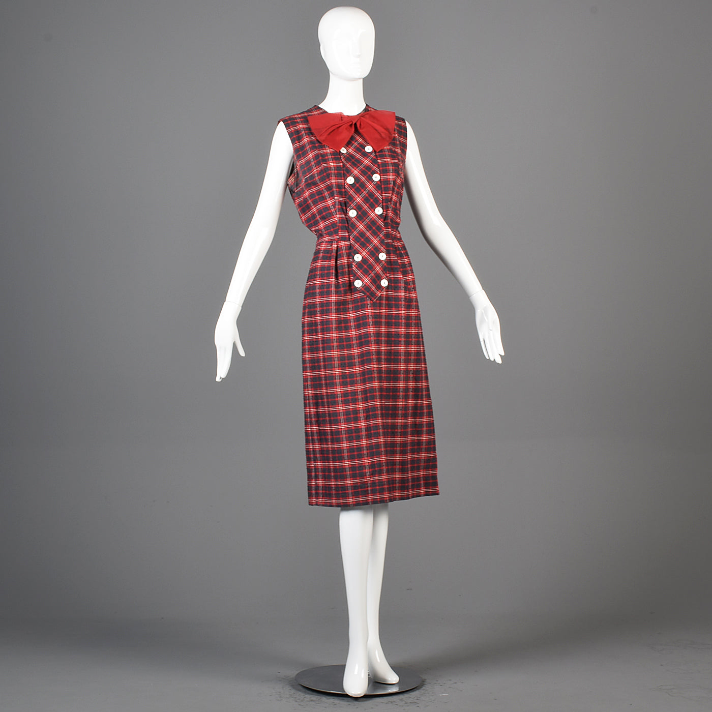 1950s Red Plaid Party Dress with Red Bow