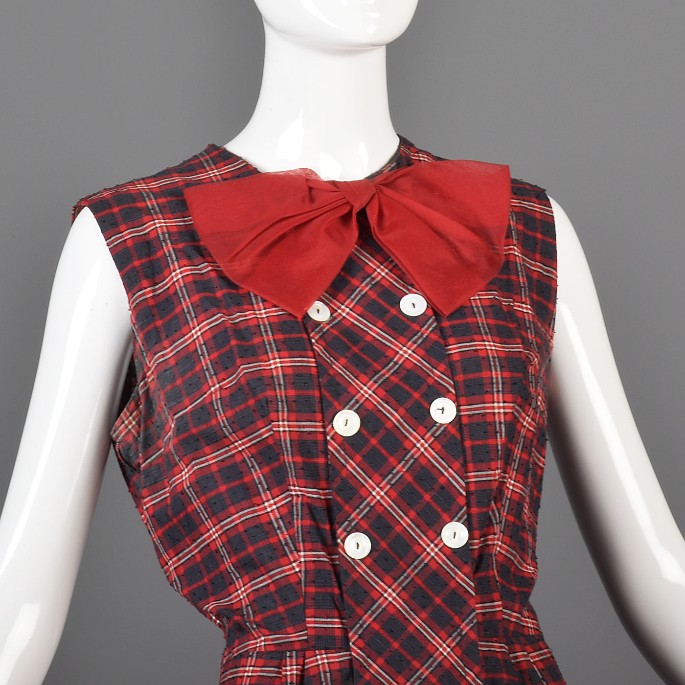 1950s Red Plaid Party Dress with Red Bow