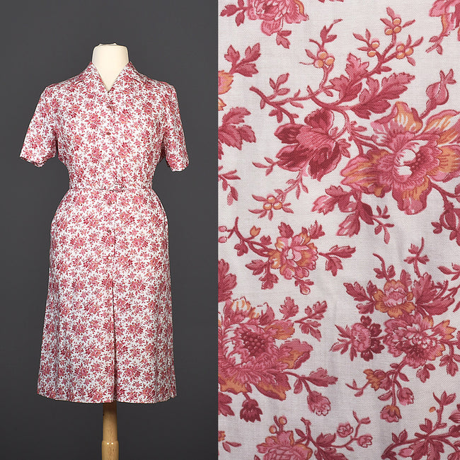 1950s Cotton Day Dress with Red Floral Print