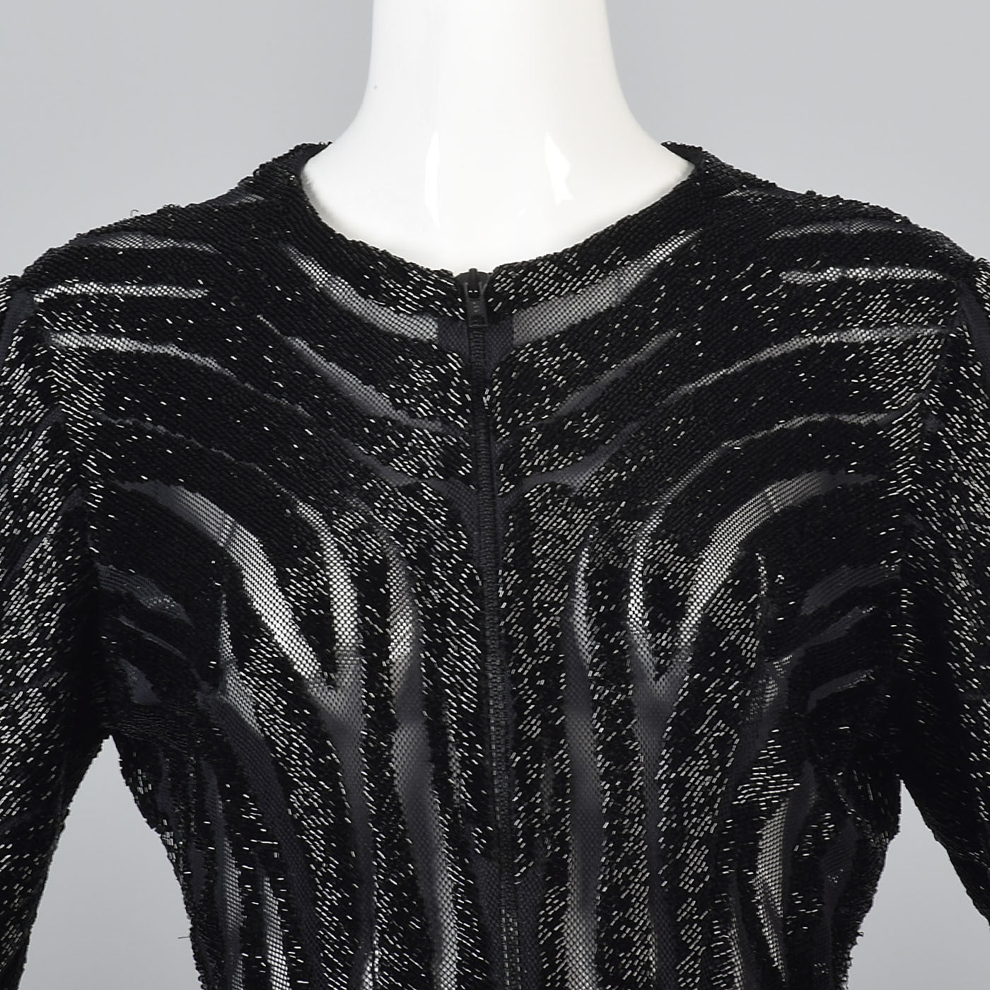 Heavily Beaded Black Stretch Mesh Body Con Evening Jacket Sheer with Zebra Stripes
