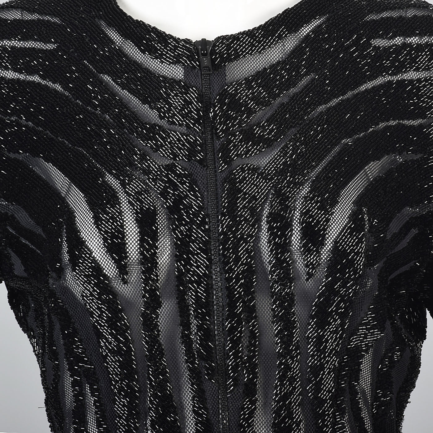 Heavily Beaded Black Stretch Mesh Body Con Evening Jacket Sheer with Zebra Stripes