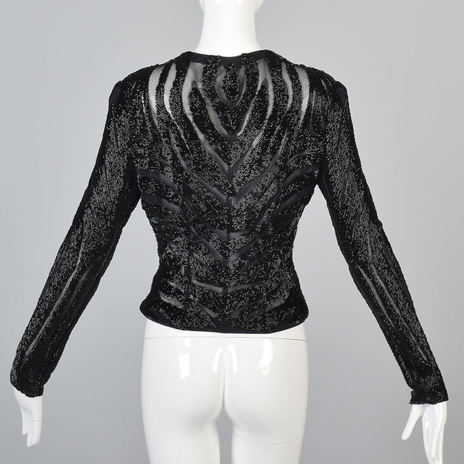 Heavily Beaded Black Stretch Mesh Body Con Evening Jacket Sheer with Zebra Stripes