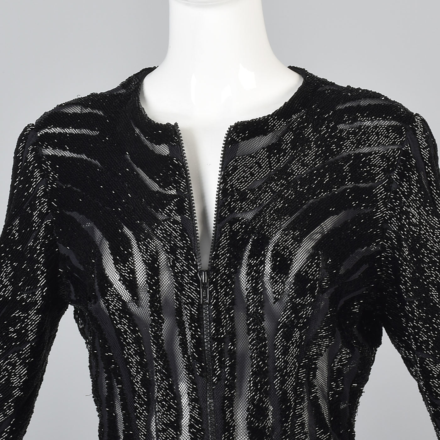 Heavily Beaded Black Stretch Mesh Body Con Evening Jacket Sheer with Zebra Stripes