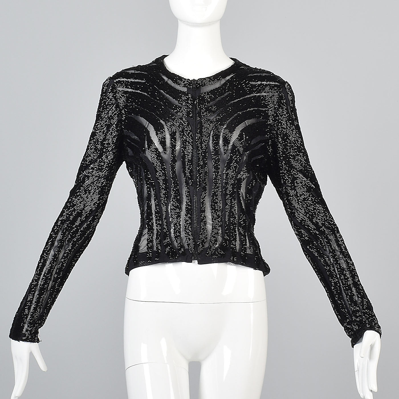 Heavily Beaded Black Stretch Mesh Body Con Evening Jacket Sheer with Zebra Stripes