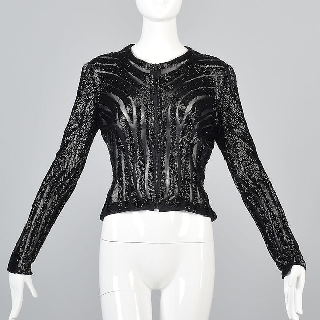 Heavily Beaded Black Stretch Mesh Body Con Evening Jacket Sheer with Zebra Stripes