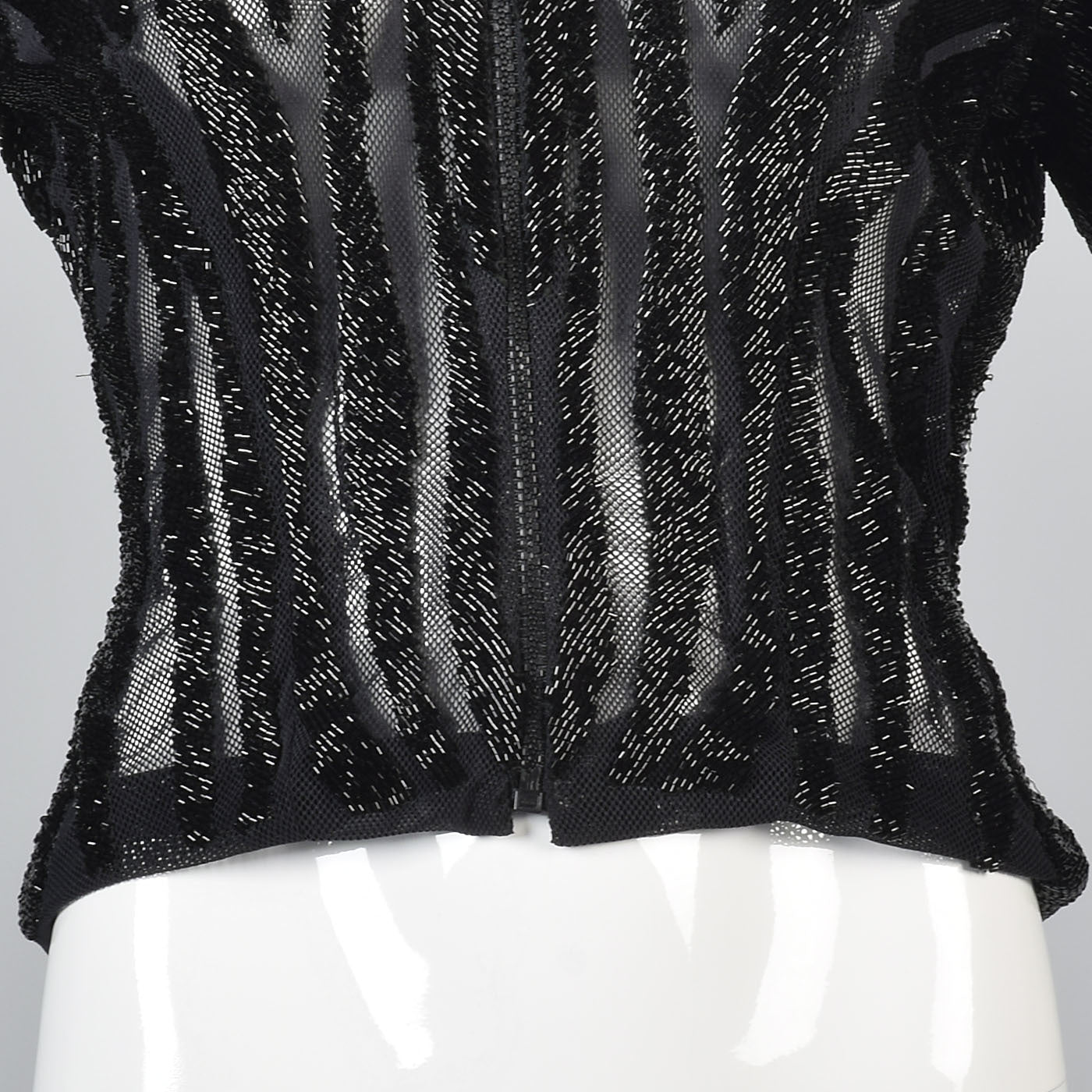 Heavily Beaded Black Stretch Mesh Body Con Evening Jacket Sheer with Zebra Stripes