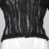 Heavily Beaded Black Stretch Mesh Body Con Evening Jacket Sheer with Zebra Stripes