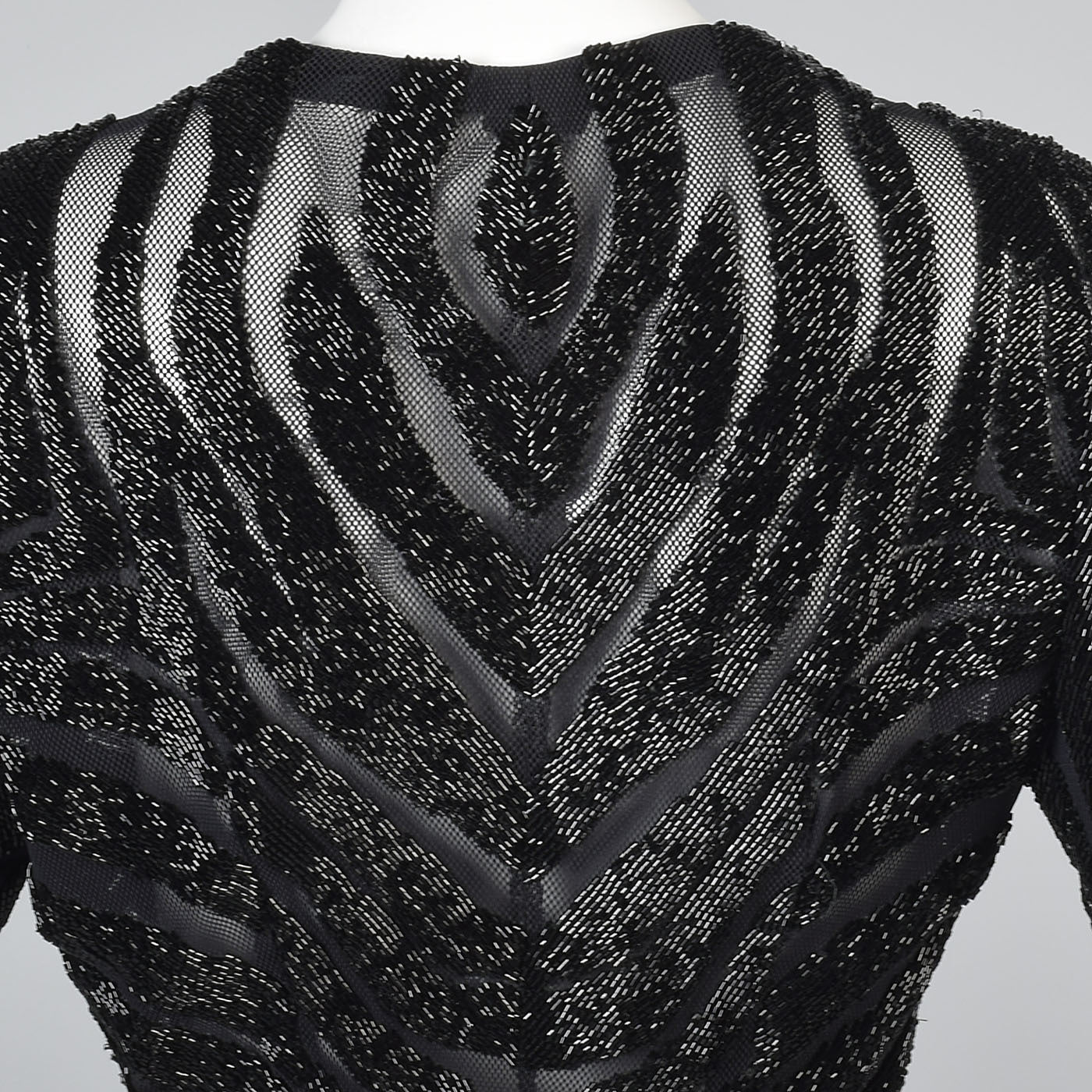 Heavily Beaded Black Stretch Mesh Body Con Evening Jacket Sheer with Zebra Stripes