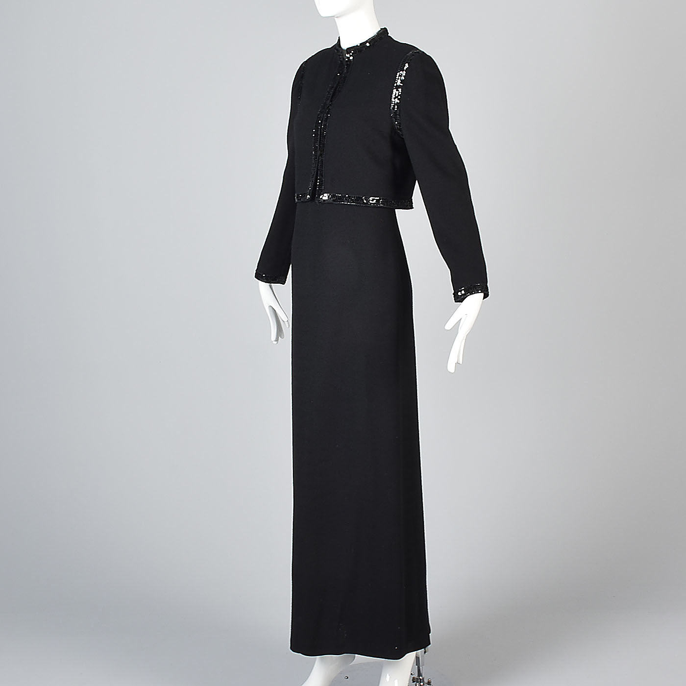 1970s Luis Estevez Black Knit Formal Dress & Jacket Set with Sequin Trim