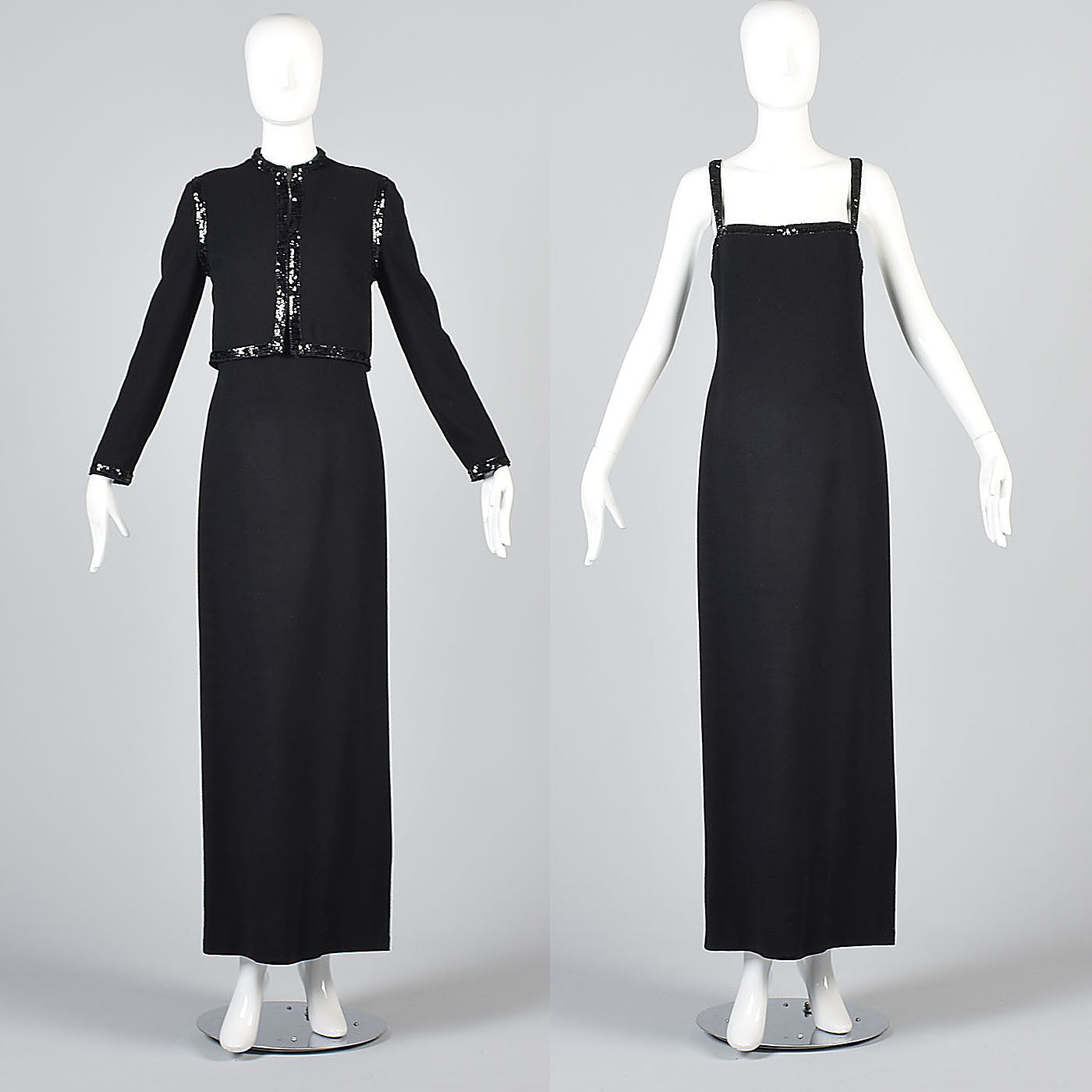 1970s Luis Estevez Black Knit Formal Dress & Jacket Set with Sequin Tr –  Style & Salvage