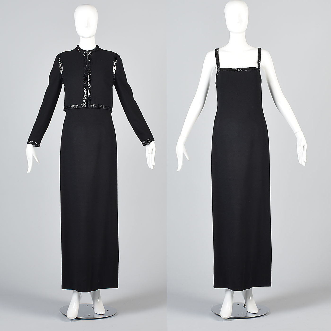 1970s Luis Estevez Black Knit Formal Dress & Jacket Set with