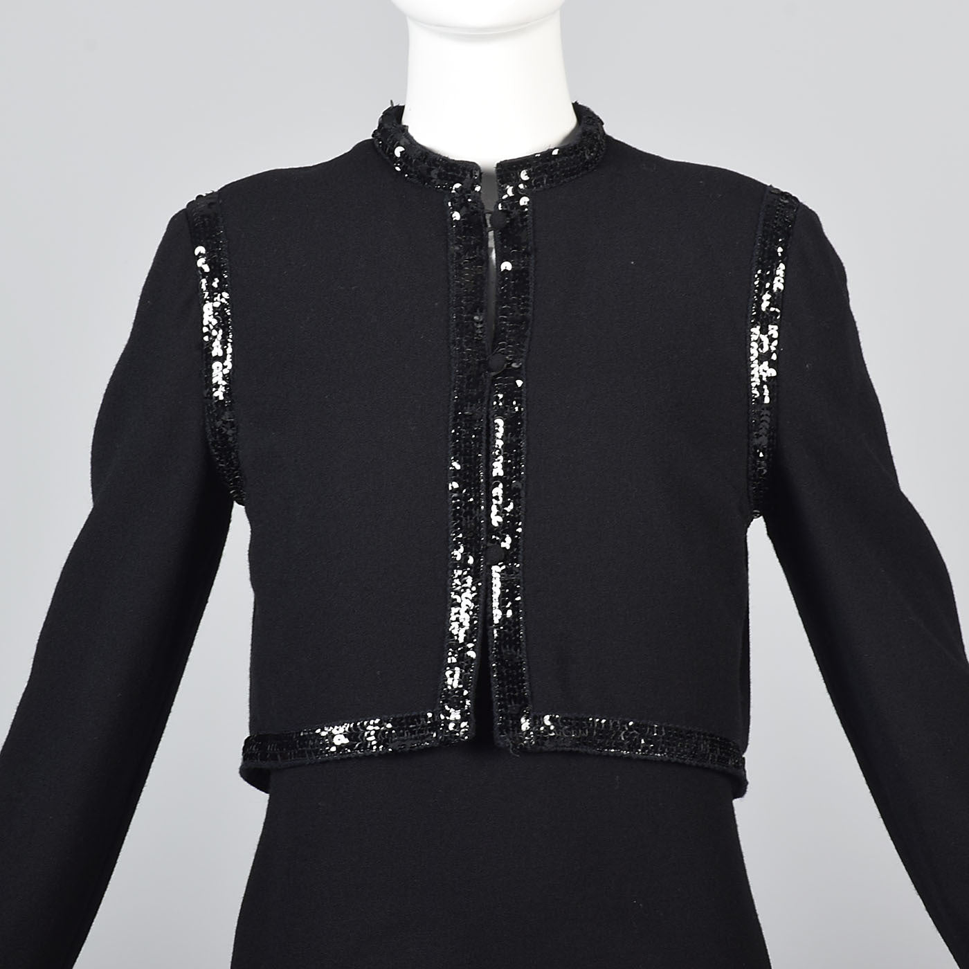 1970s Luis Estevez Black Knit Formal Dress & Jacket Set with Sequin Trim