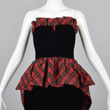 Victor Costa Black Velvet Pencil Dress with Red Tartan Plaid Peplum