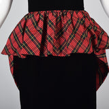 Victor Costa Black Velvet Pencil Dress with Red Tartan Plaid Peplum