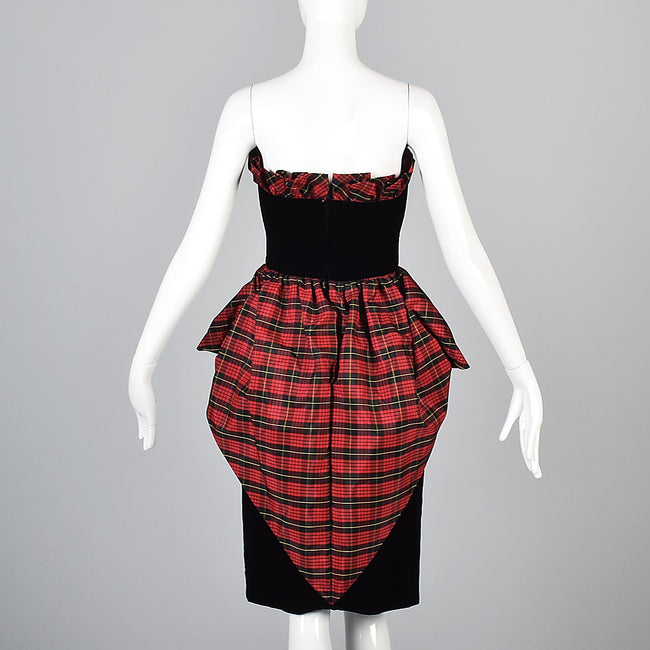 Victor Costa Black Velvet Pencil Dress with Red Tartan Plaid Peplum