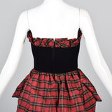 Victor Costa Black Velvet Pencil Dress with Red Tartan Plaid Peplum