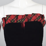 Victor Costa Black Velvet Pencil Dress with Red Tartan Plaid Peplum