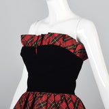 Victor Costa Black Velvet Pencil Dress with Red Tartan Plaid Peplum