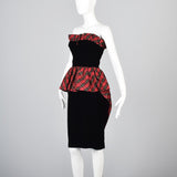 Victor Costa Black Velvet Pencil Dress with Red Tartan Plaid Peplum