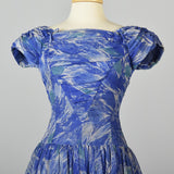 1950s Blue Chiffon Dress in Watercolor Print