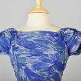 1950s Blue Chiffon Dress in Watercolor Print