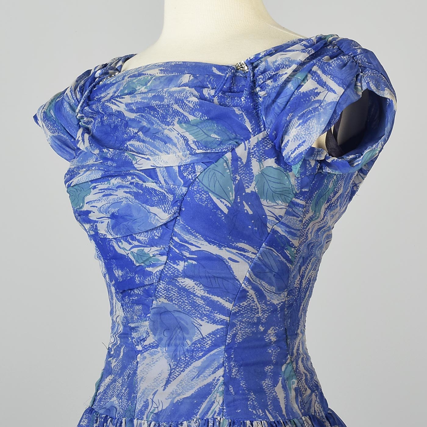 1950s Blue Chiffon Dress in Watercolor Print