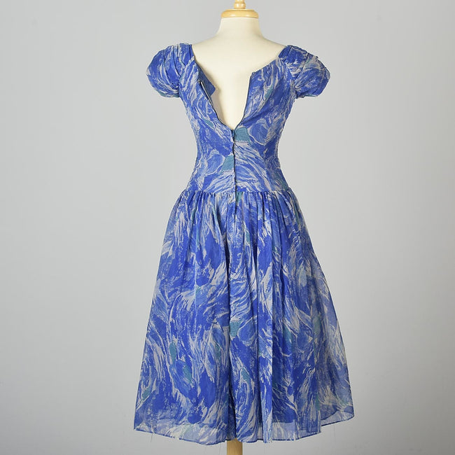 1950s Blue Chiffon Dress in Watercolor Print