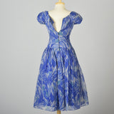 1950s Blue Chiffon Dress in Watercolor Print