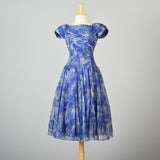 1950s Blue Chiffon Dress in Watercolor Print