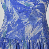 1950s Blue Chiffon Dress in Watercolor Print