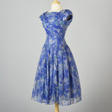 1950s Blue Chiffon Dress in Watercolor Print